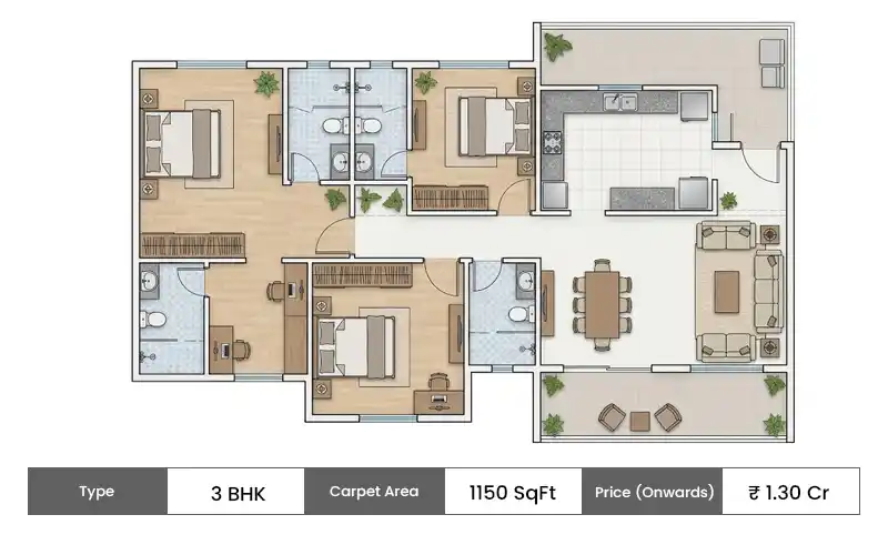 Hiranandani Krisala Township 3 BHK Large floor plan, 1150 sq ft carpet area