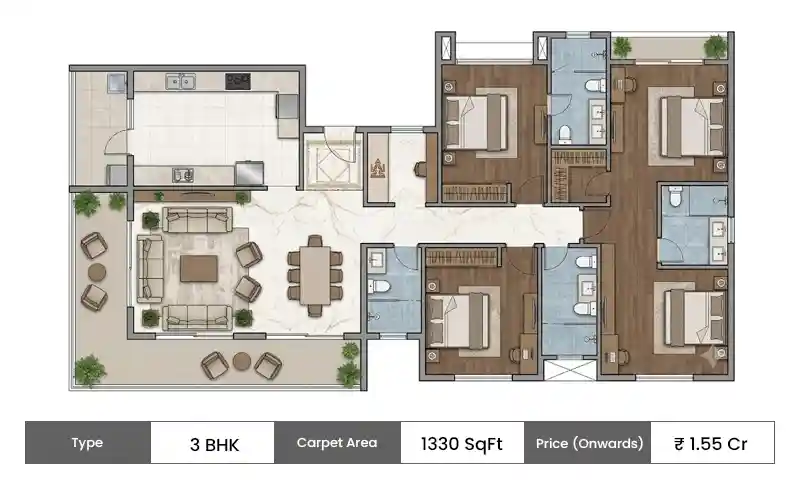 Hiranandani Krisala Township 3 BHK Ultra Premium floor plan, 1330 sq ft carpet area