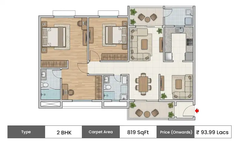 Hiranandani Krisala Township 2 BHK Large floor plan, 819 sq ft carpet area